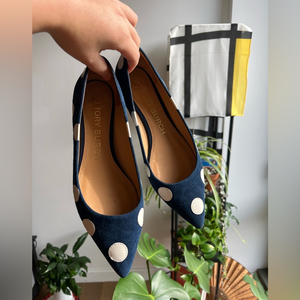 Navy and white polka dot 7 1/2 low heeled pointed toe flats from Tory Burch